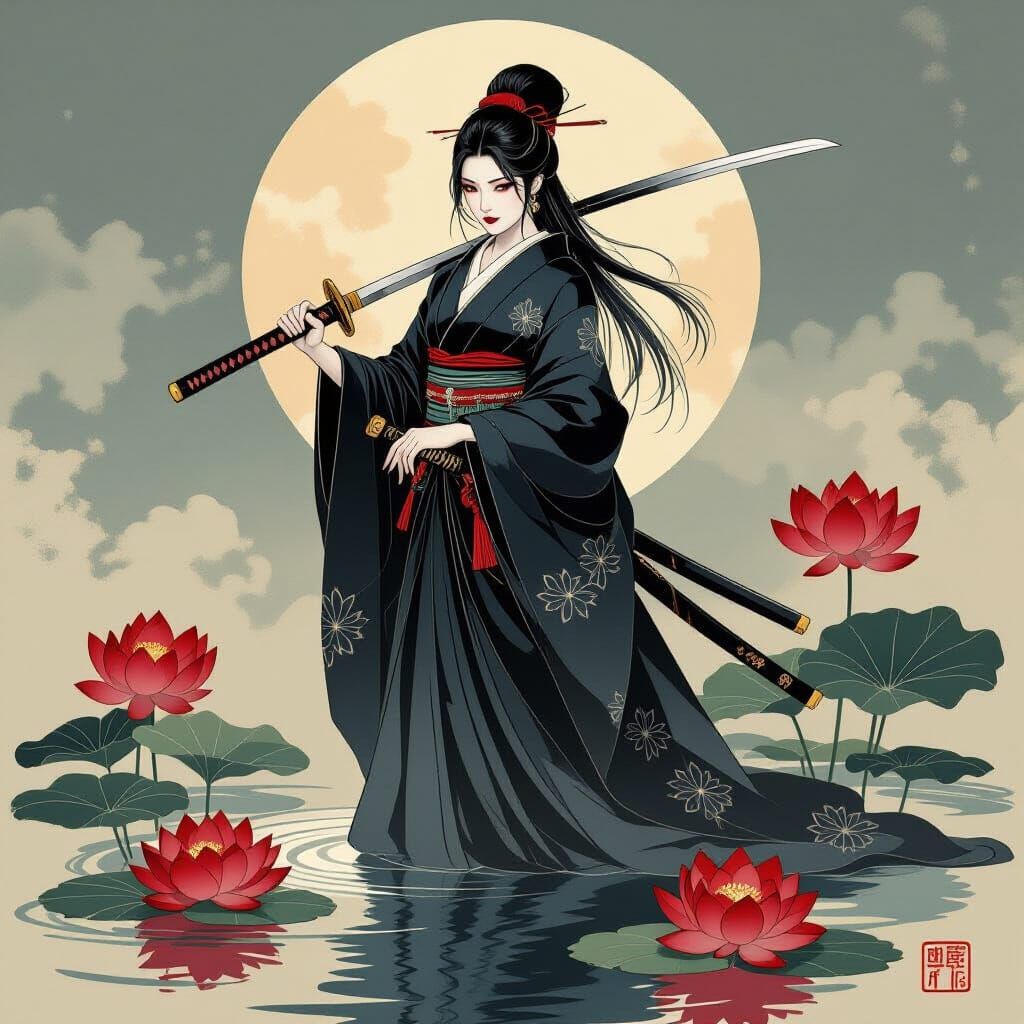 Femme Fatale with Katana in Japanese Woodblock Style