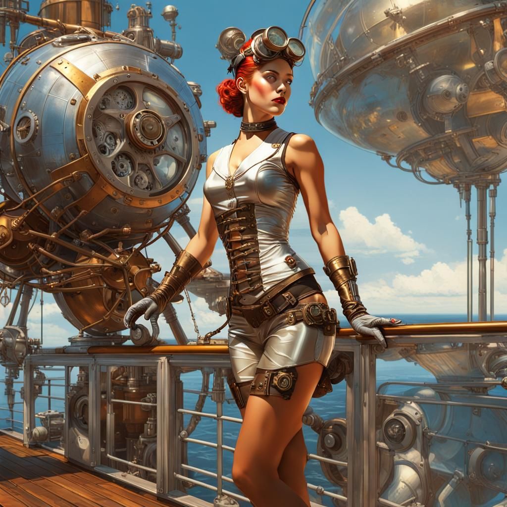 Cyborg Girl on Steampunk Starship in Nanopunk Style