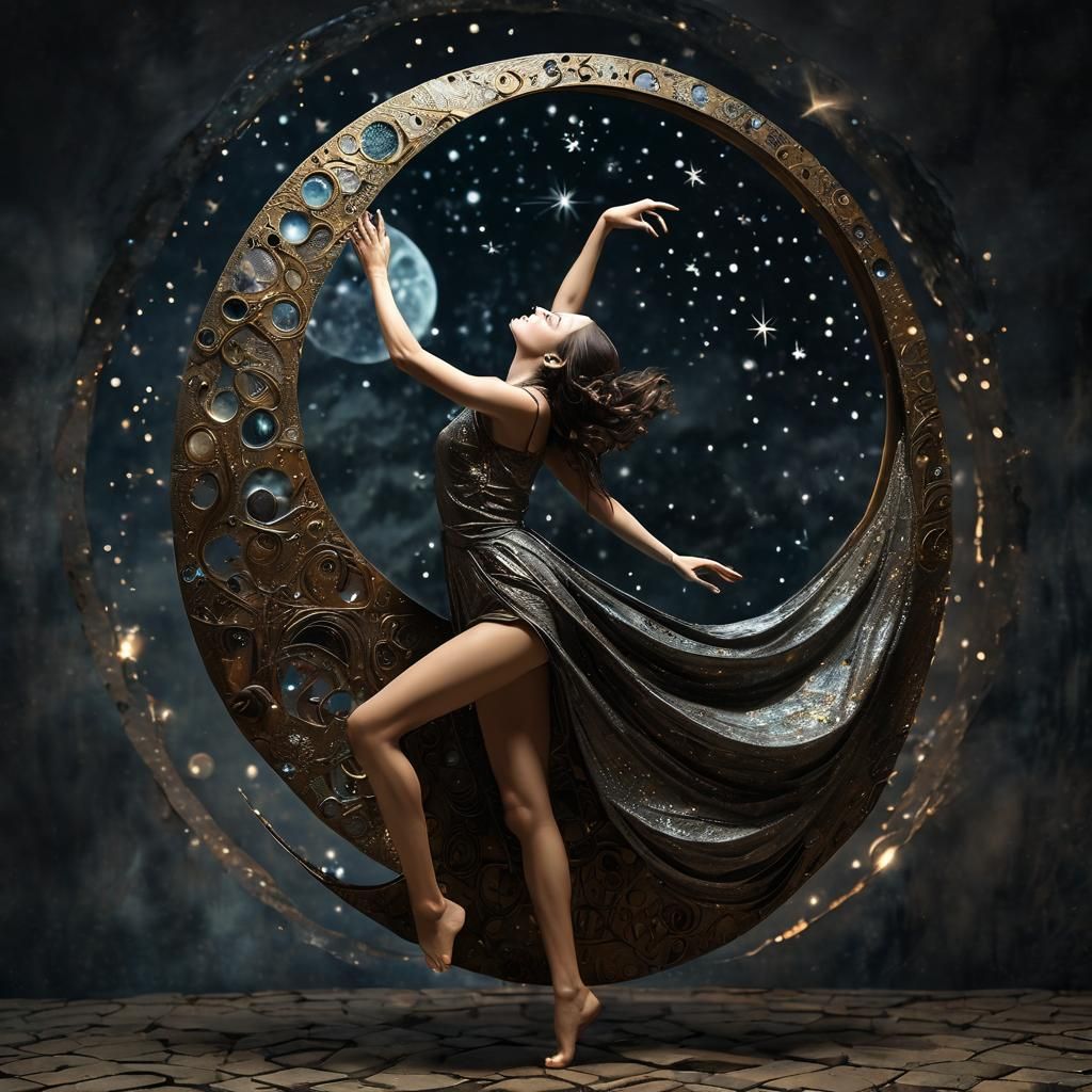Cosmic Surrealism: Woman Dancing with Galaxy Mirror