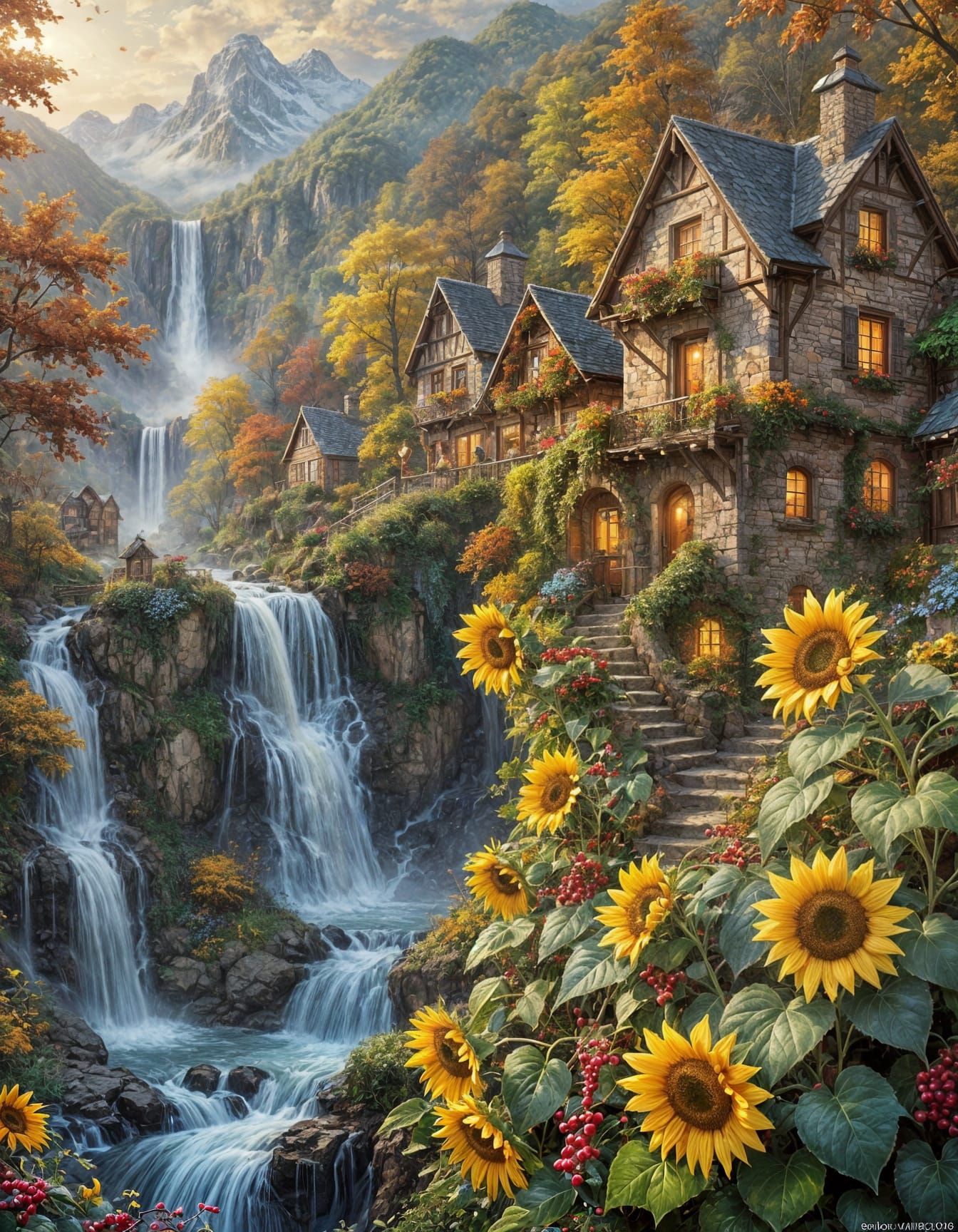 Autumn Village with Waterfalls and Snowing Sunflowers