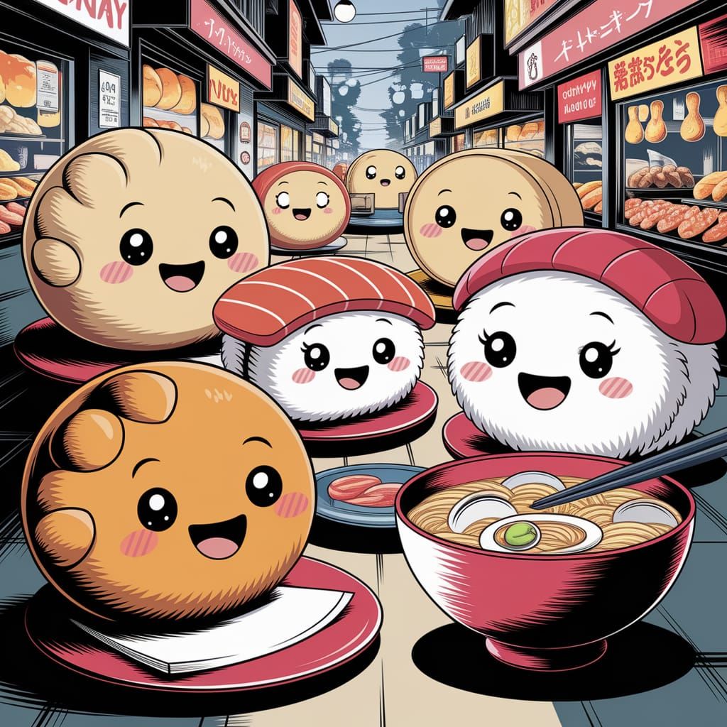 Anime Food Characters at Street Food Market