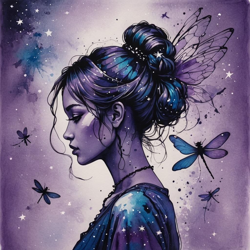 Girl with Dragonfly Wings in Inky Silhouette