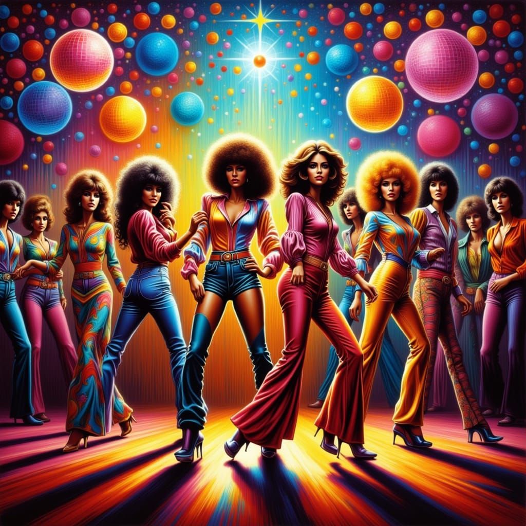 Vibrant 1970s Disco Party in Psychedelic Pop Art Style