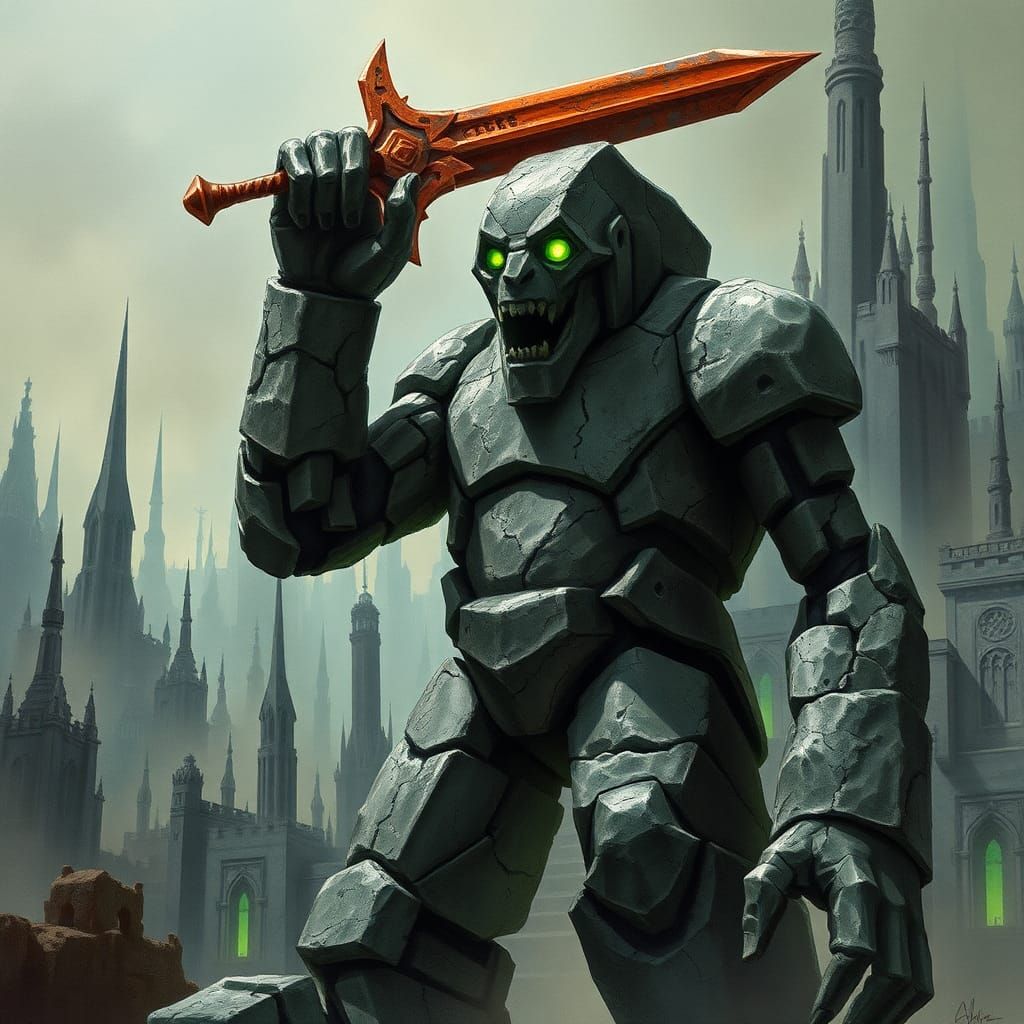 Grotesque Stone Golem in Dystopian Landscape