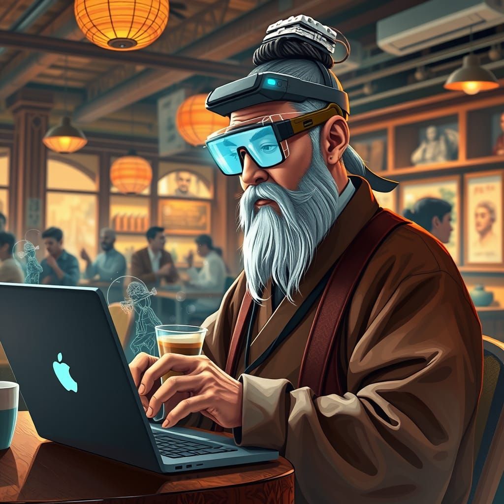 Confucius in Modern Coffee Shop with AR Glasses