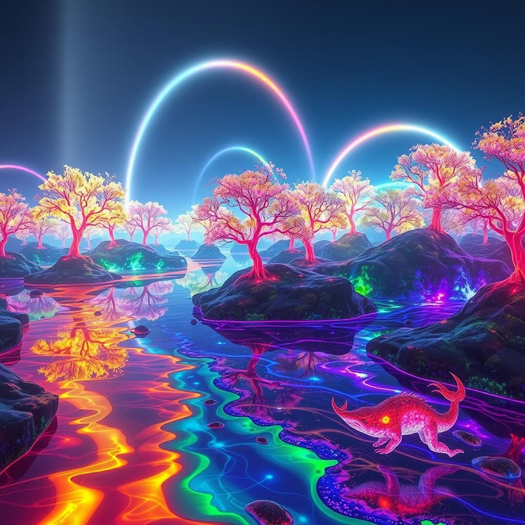 Glowing Mirror Landscape with Mythical Creatures