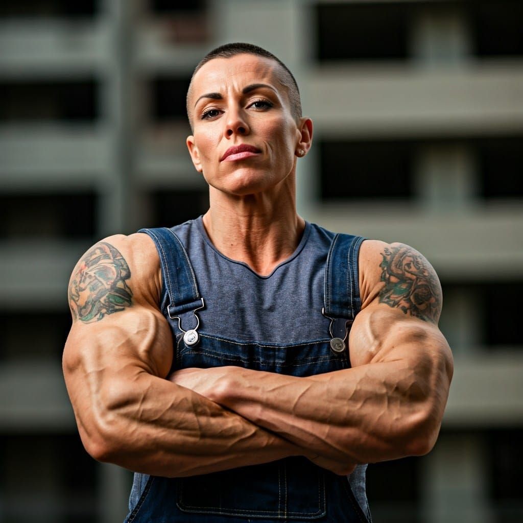 Muscular Construction Worker with Tattoos and Square Jaw