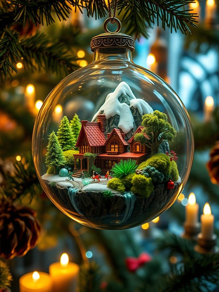 Miniature Santa's Village in Glass Ornament, Art Nouveau