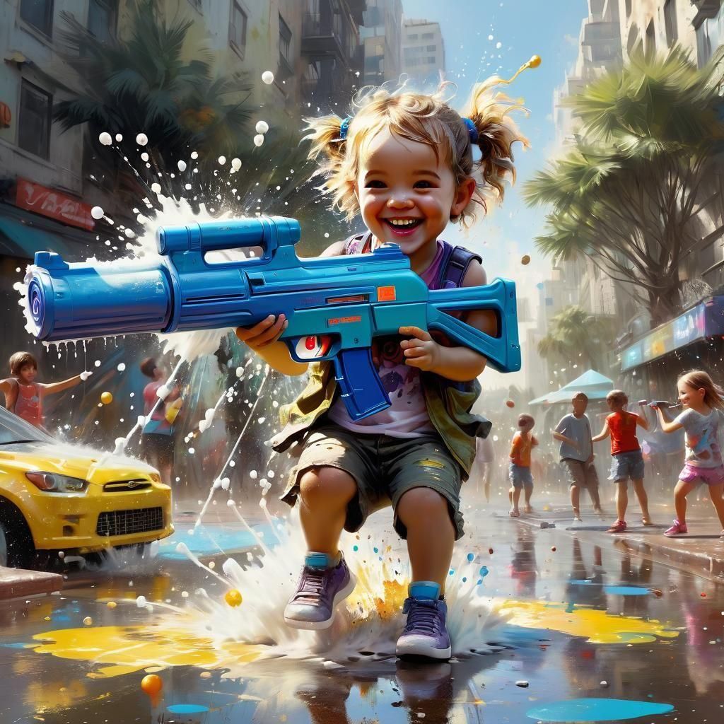 Adorable Toddler with Super Soaker, Matte Painting