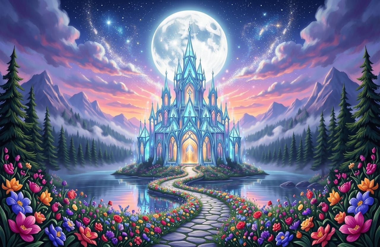 Enchanted Glass Elven Palace Under Moonlit Sky