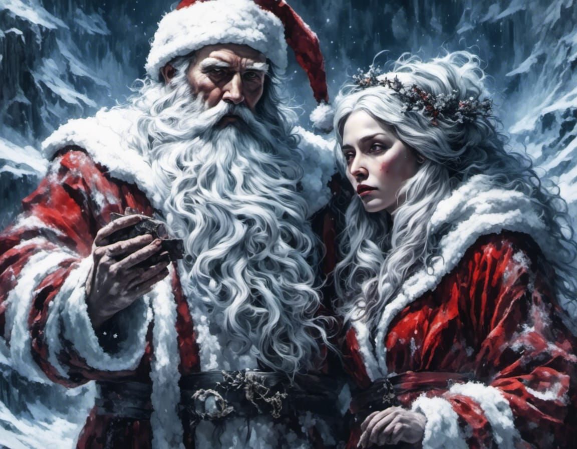 Brutal Santa and Snow Maiden in Dark Fantasy Style