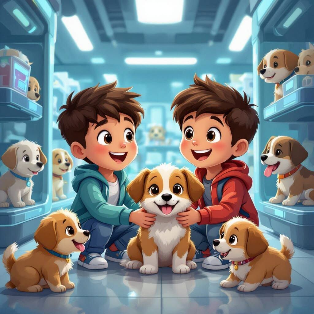 Boys Choose Puppy in Futuristic Pet Shop