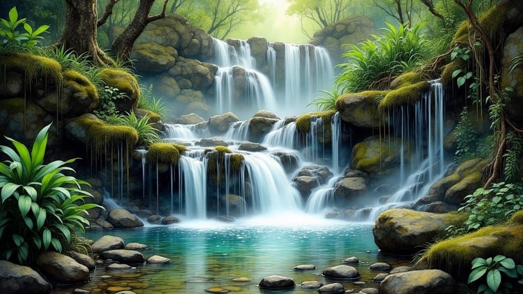 Spectacular 3 Tier Waterfall in a Serene Forest Clearing
