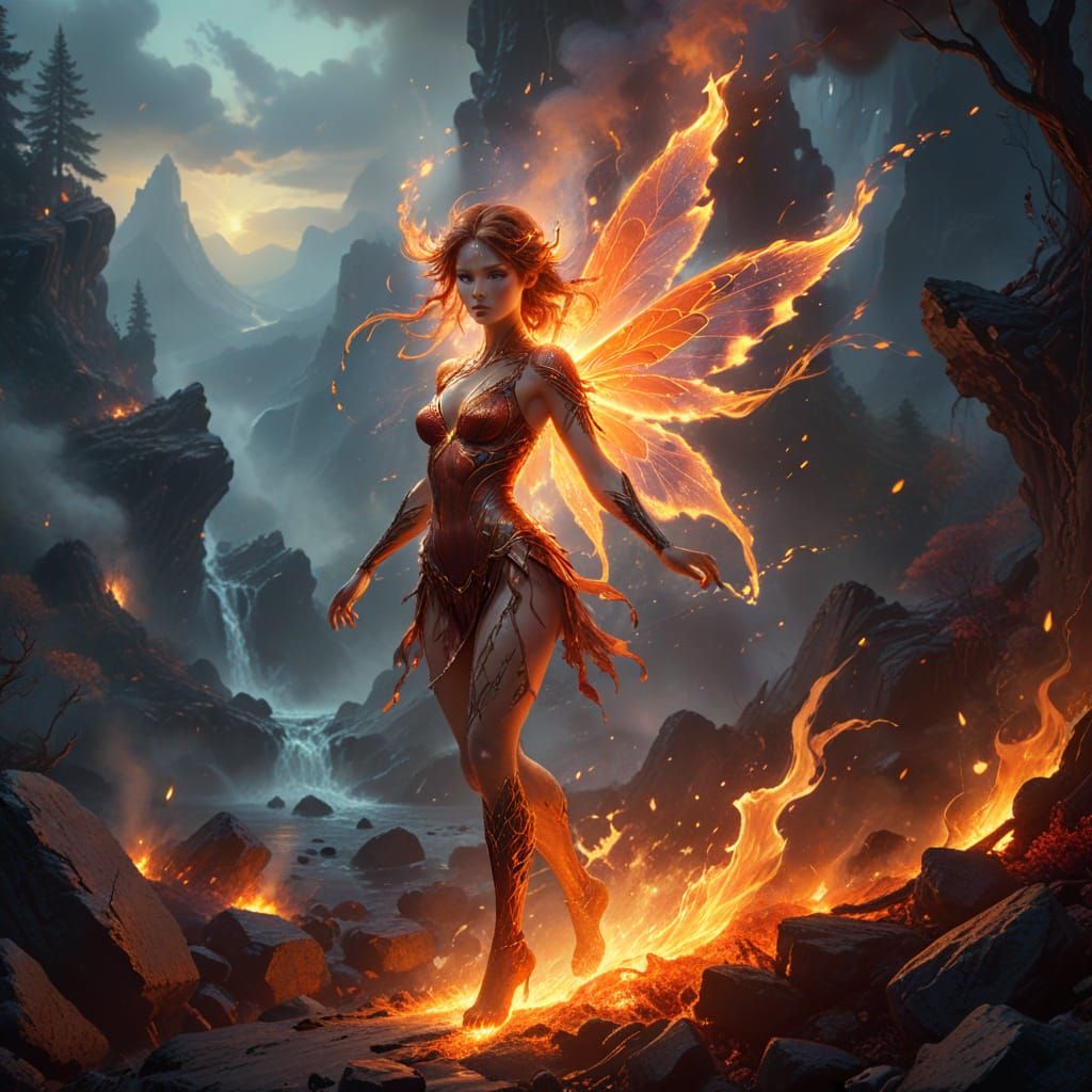 Fire Fairy Concept Art in Hyperrealistic Style