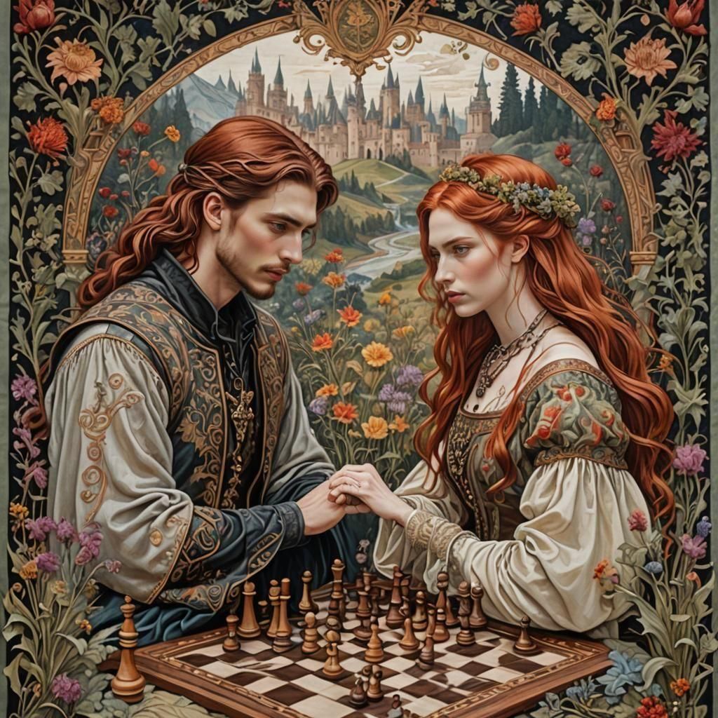 Chess Game Tapestry: Alphonse Mucha-Inspired Dante's Inferno