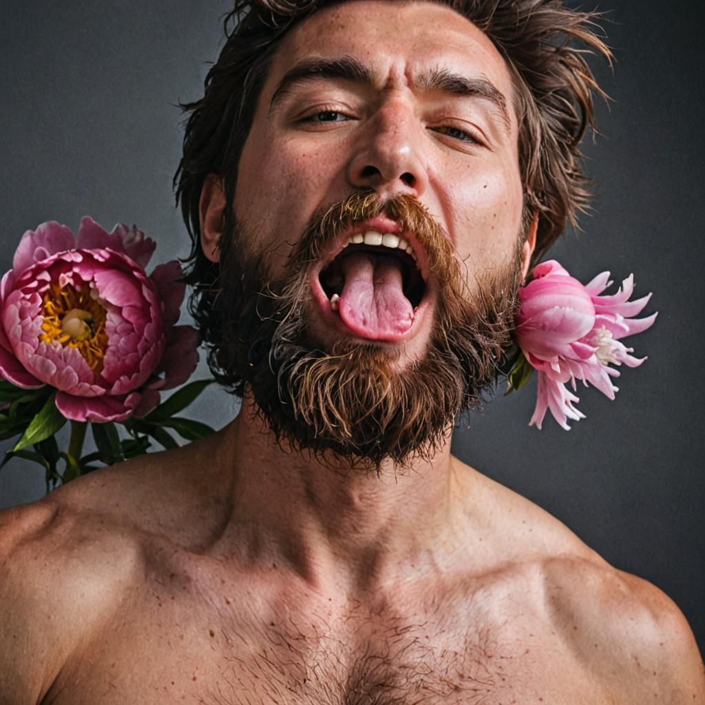 Peony Emerges from Bearded Man in Vibrant Photo