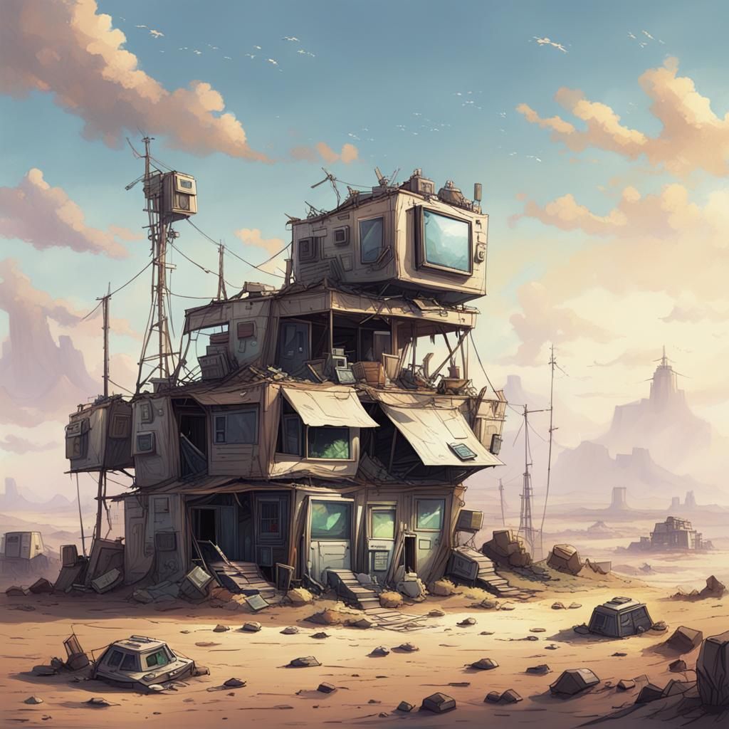 A tribe building houses out of old electronics in a wastelan...