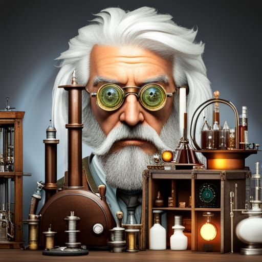 Eccentric Mad Scientist in Steampunk Laboratory