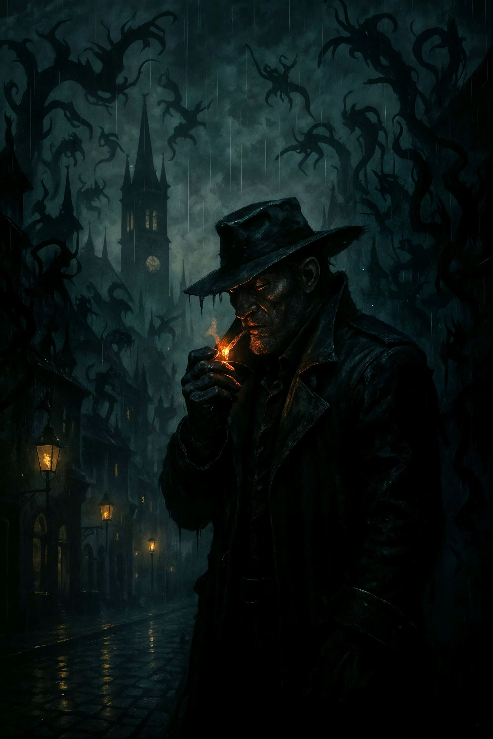 Demon Hunter in Rain-Soaked Noir Cityscape