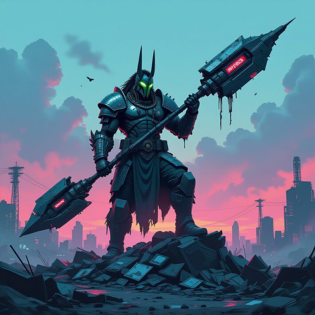 Cyberpunk Naga Warchief in Dystopian Wasteland