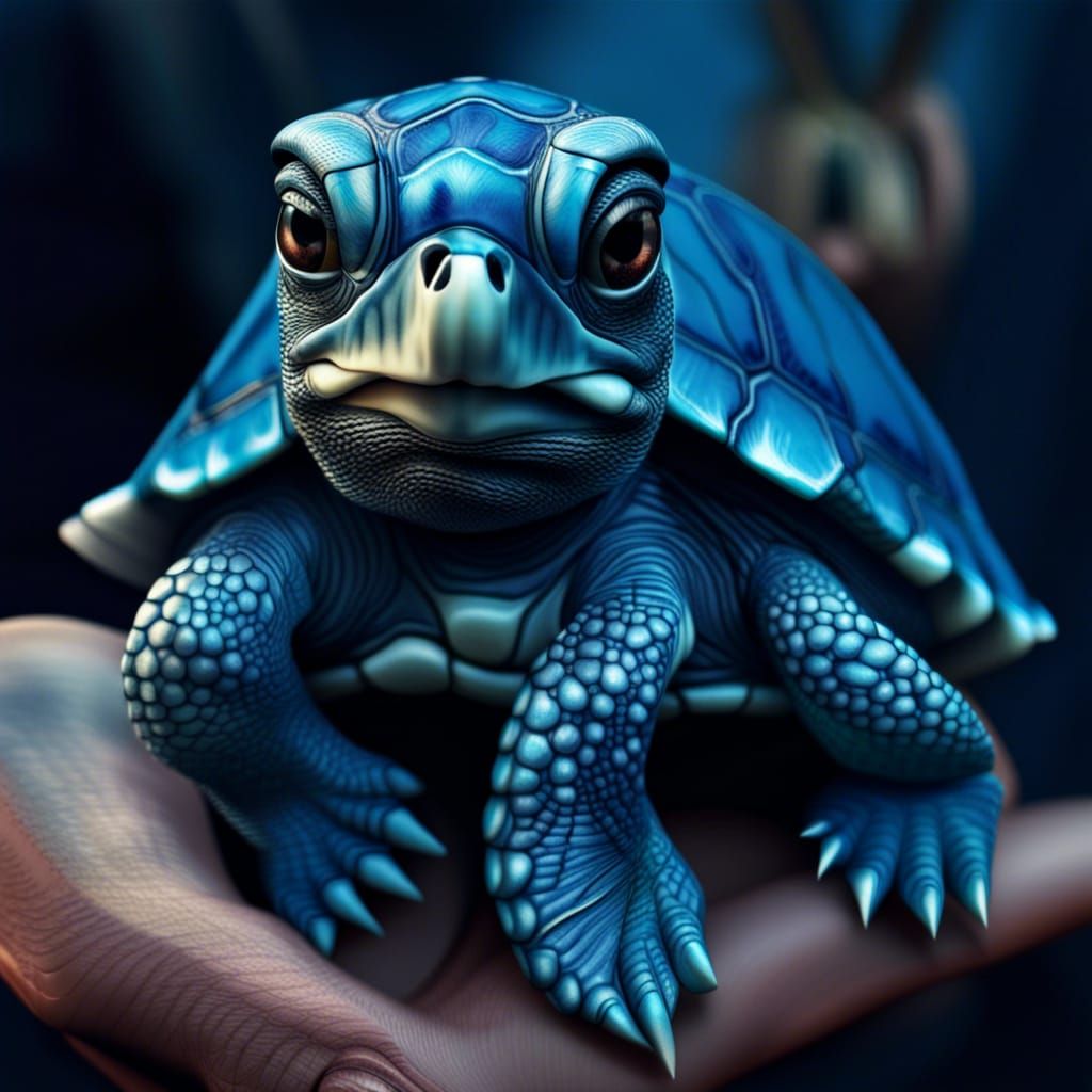 Man Holding a Cute Blue Turtle: Hyperrealistic