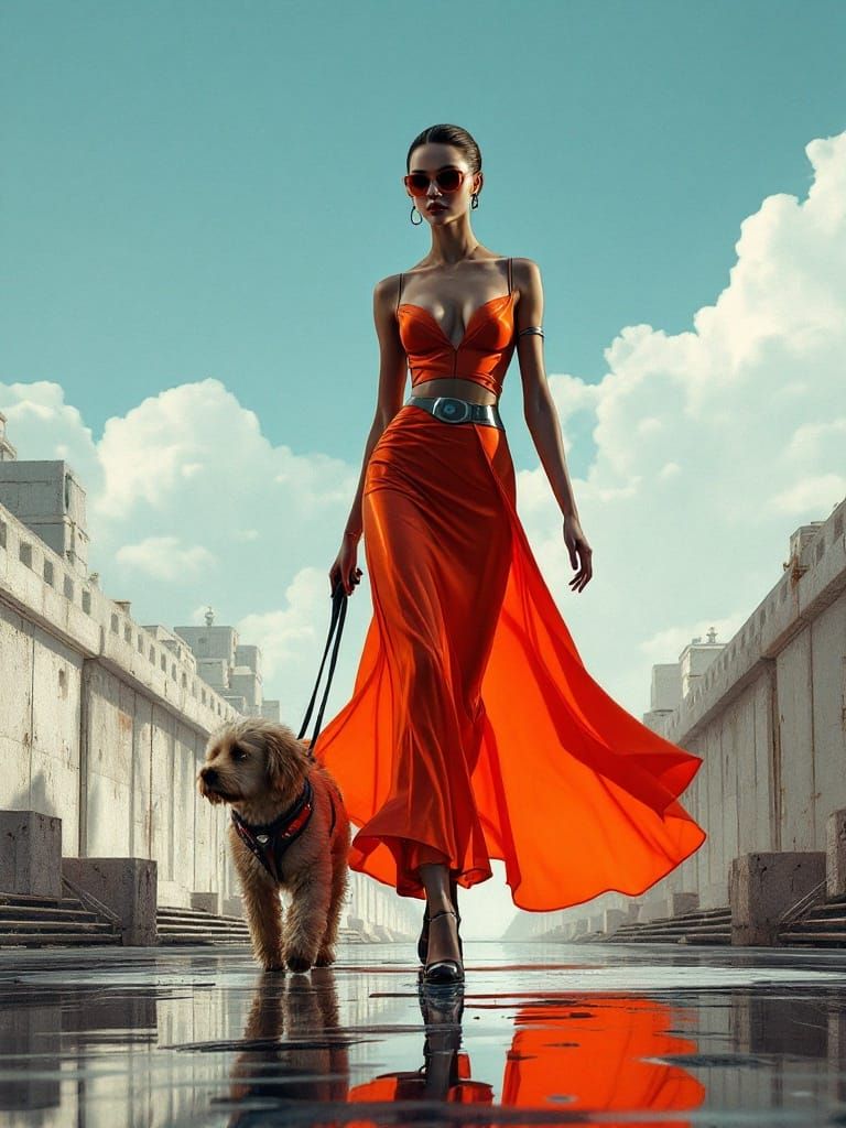 Sleek Technoretro Goddess Walks with Sunlit Dog