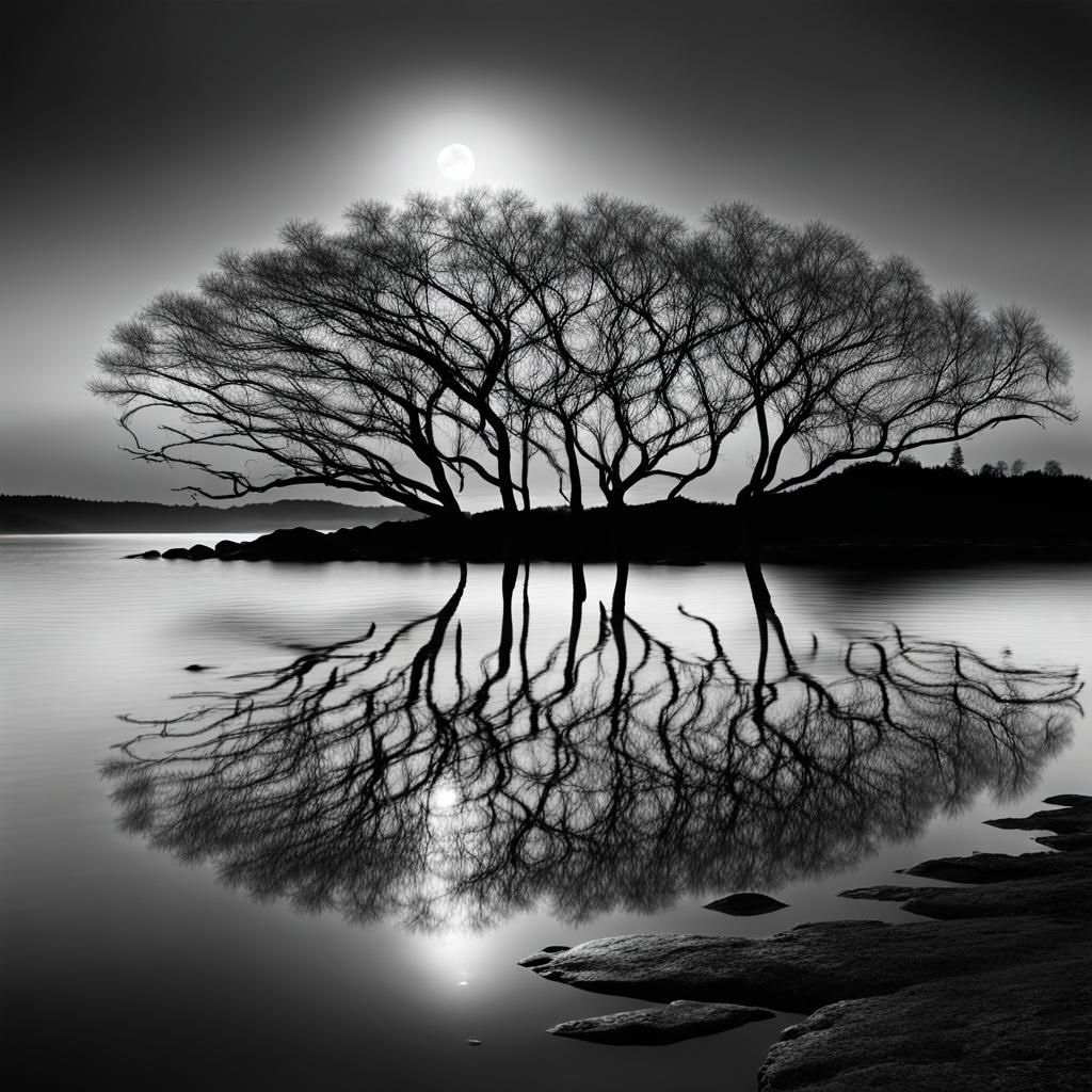 Moonlit Shoreline in Black and White Photography