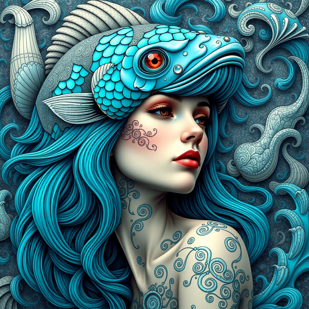 Enigmatic Mermaid Goddess in Vibrant Fractal Waves