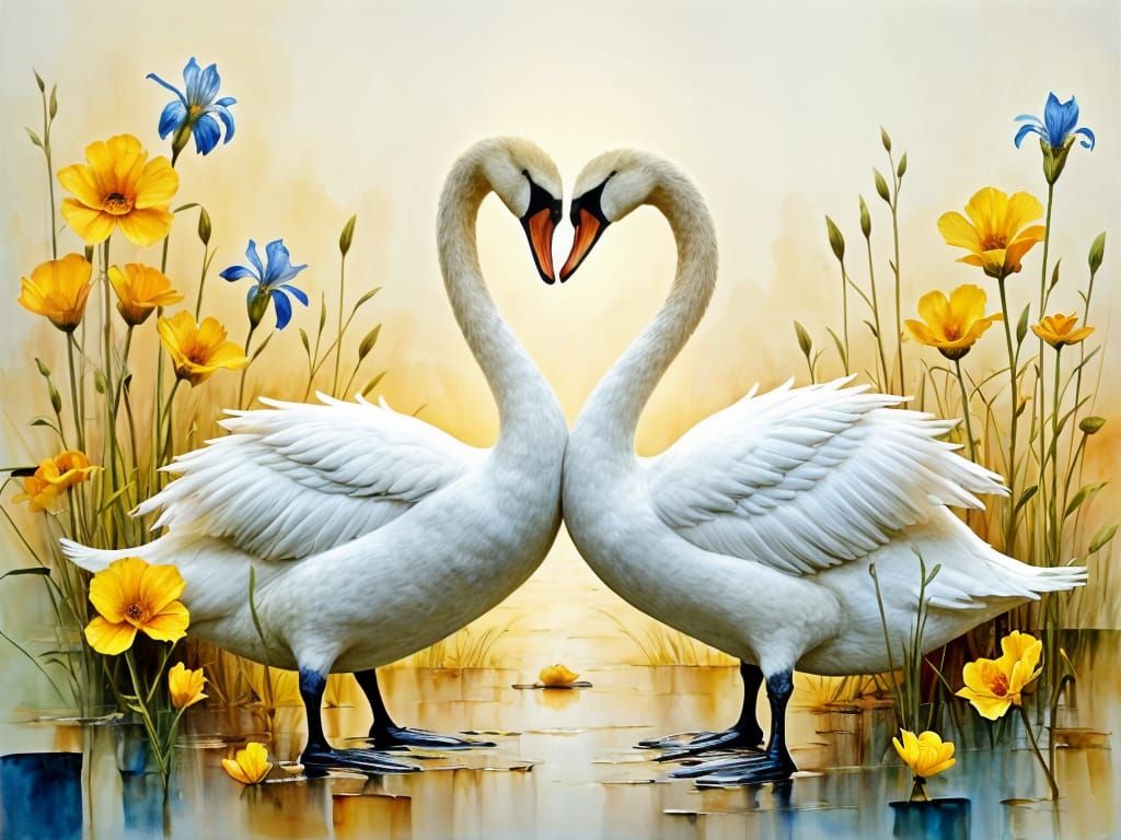 Romantic Watercolor Swan Scene with Dreamlike Background