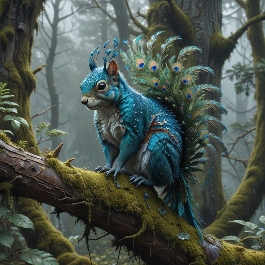 Iridescent Squirrel-Peacock Hybrid Perched on Ancient Tree