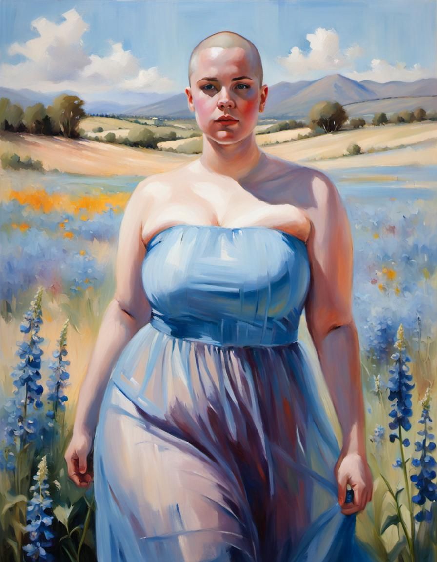 Hyperrealistic Oil Portrait: Bald Woman in Blue Dress
