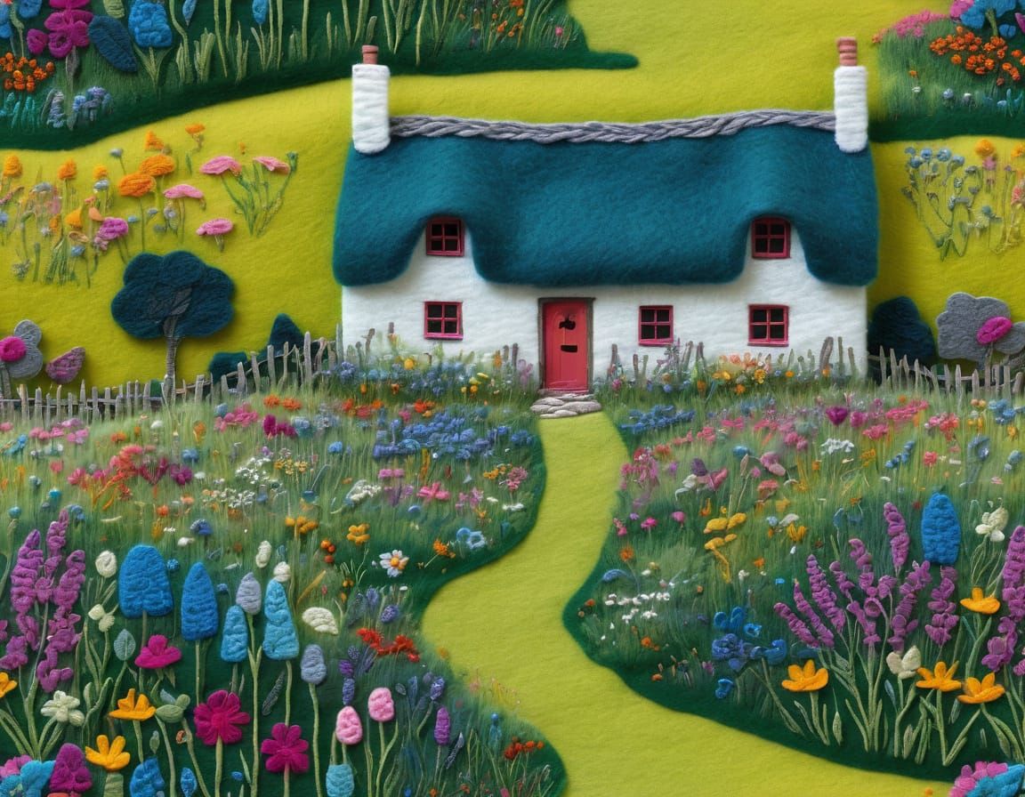 English Cottage in Woollen Felt Art Style