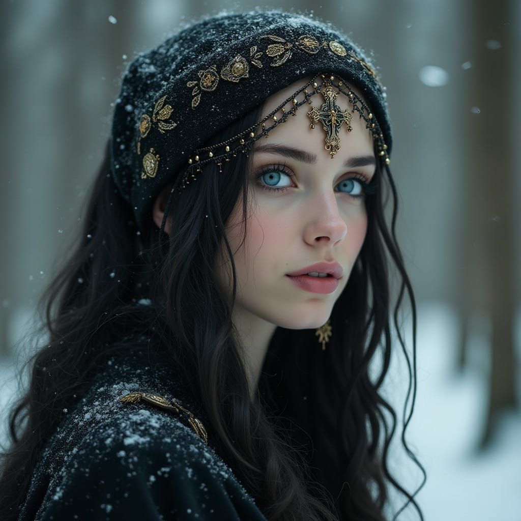 Ethereal Russian Beauty in Snowy Forest