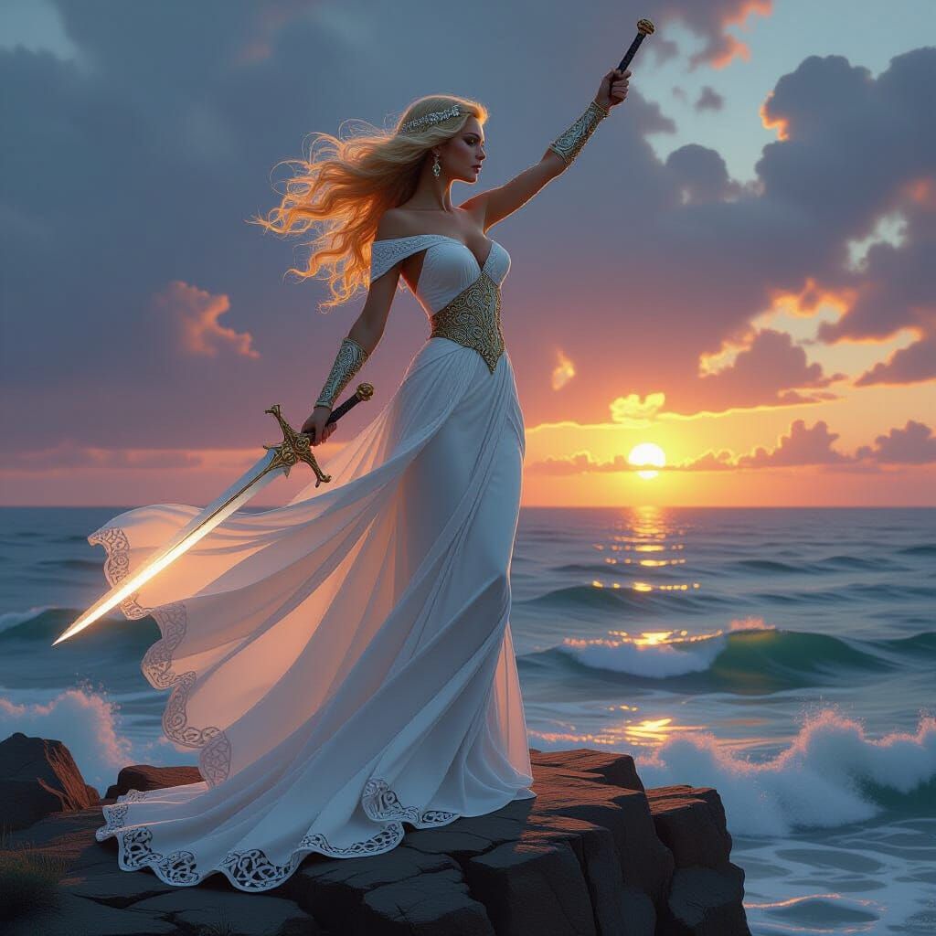 Statuesque Woman with Sword Against Stormy Sea