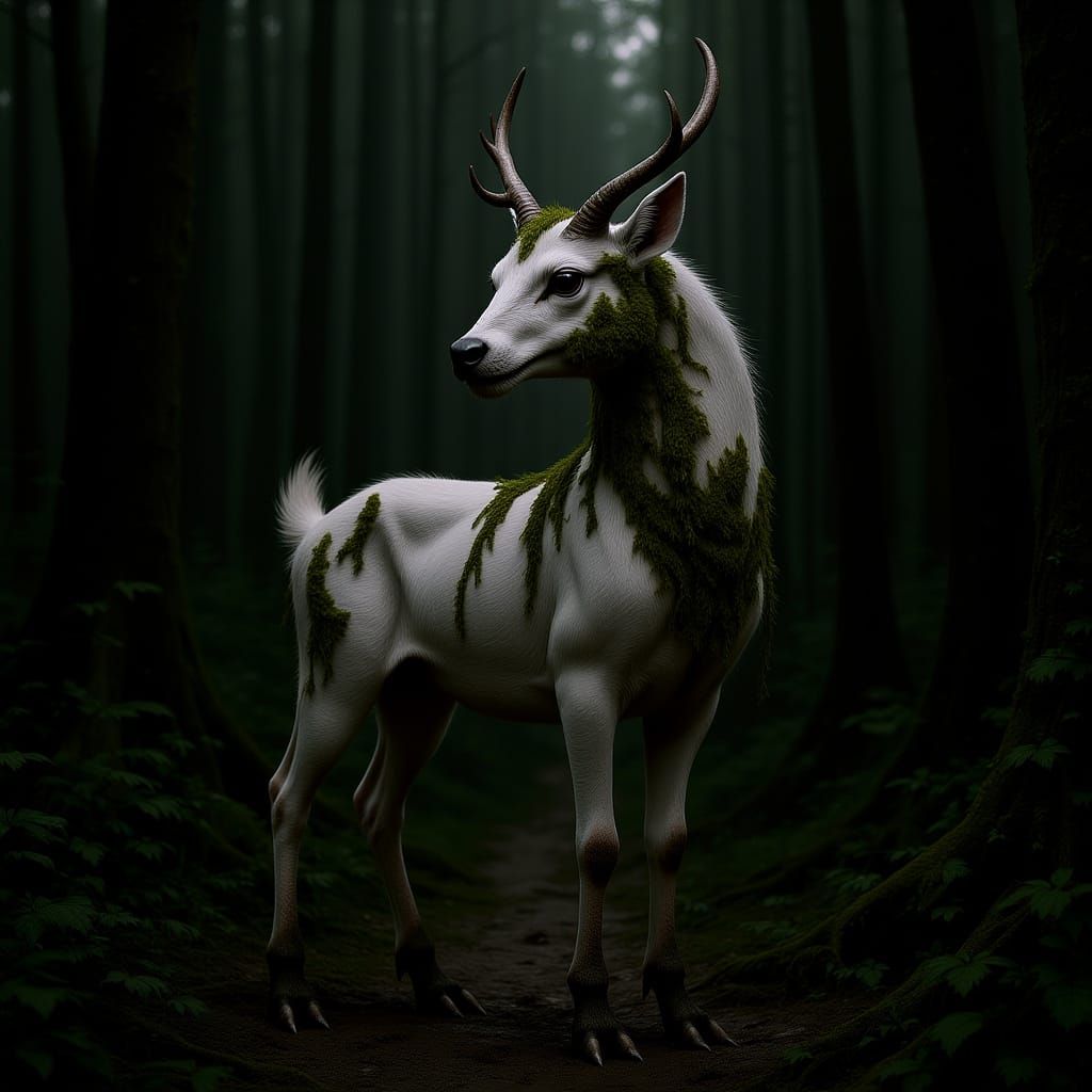 Mythical Dragon-Stag in Dark Forest, Hyperdetailed Art