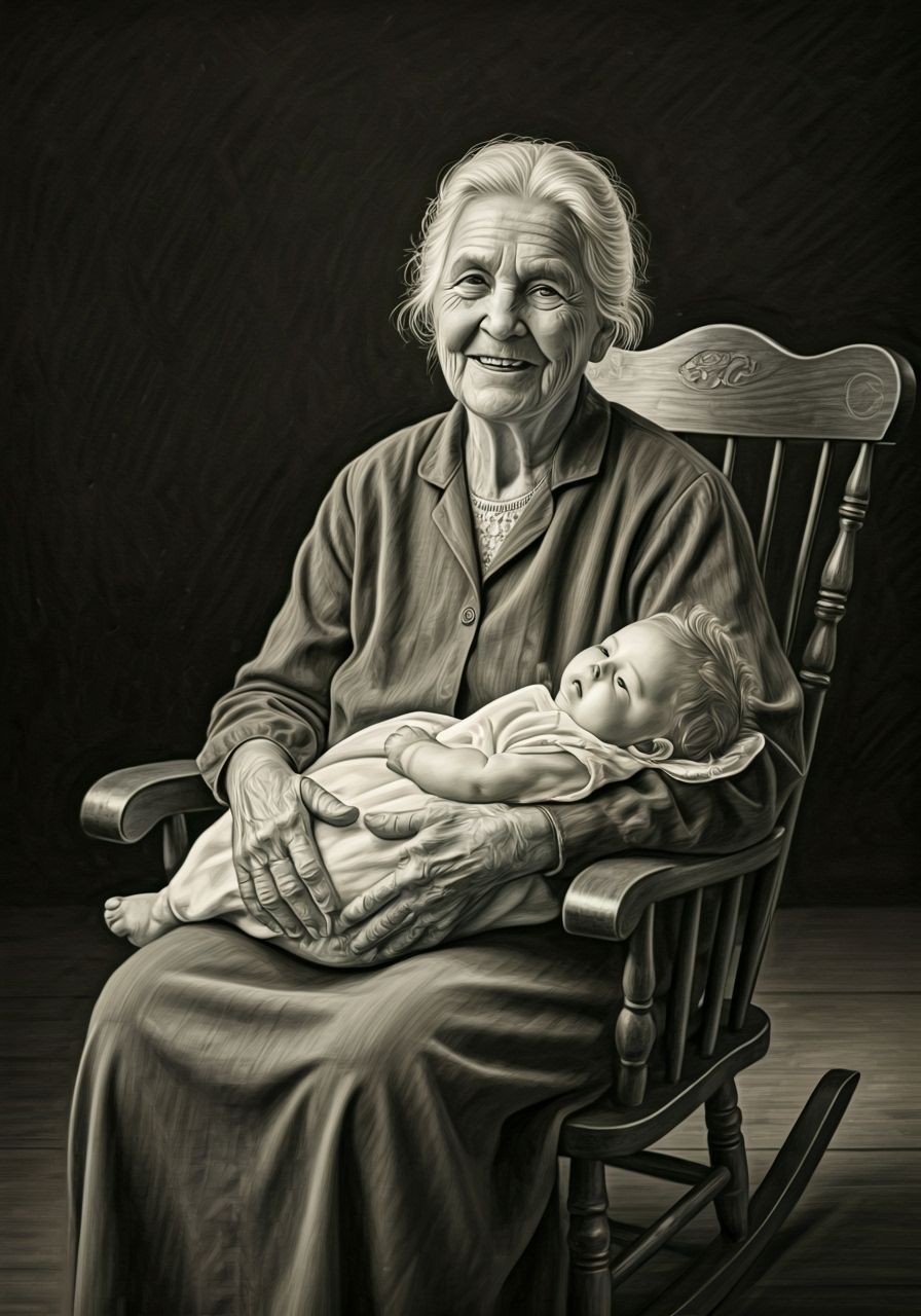 Charcoal Portrait of Smiling Woman Holding a Baby