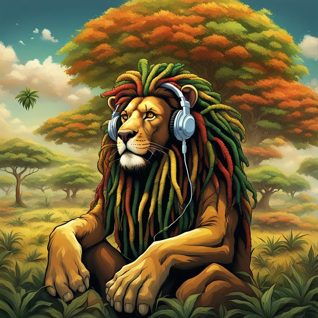 Rastafarian Lion Caricature in Ethiopia, Detailed Fantasy Ar...