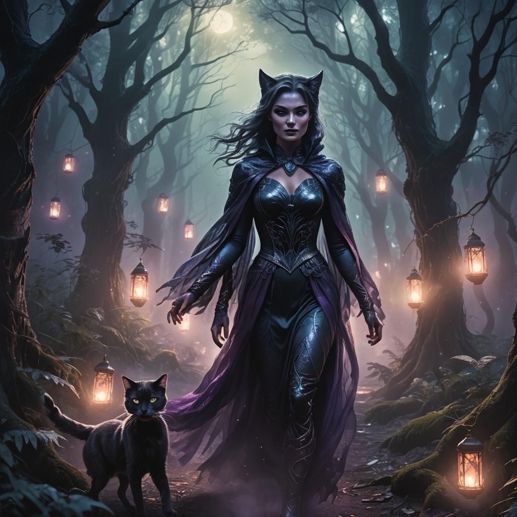 Ghostly Cat Woman in Mystical Forest: Fantasy Art