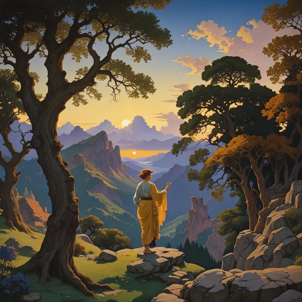 Luminous Pre-Raphaelite Landscape in Parrish Style