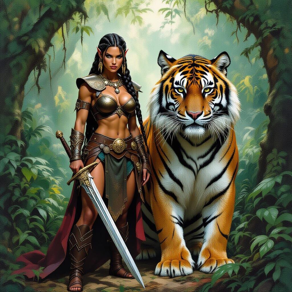 Amazon Warrior and Tiger Companion in Lush Forest