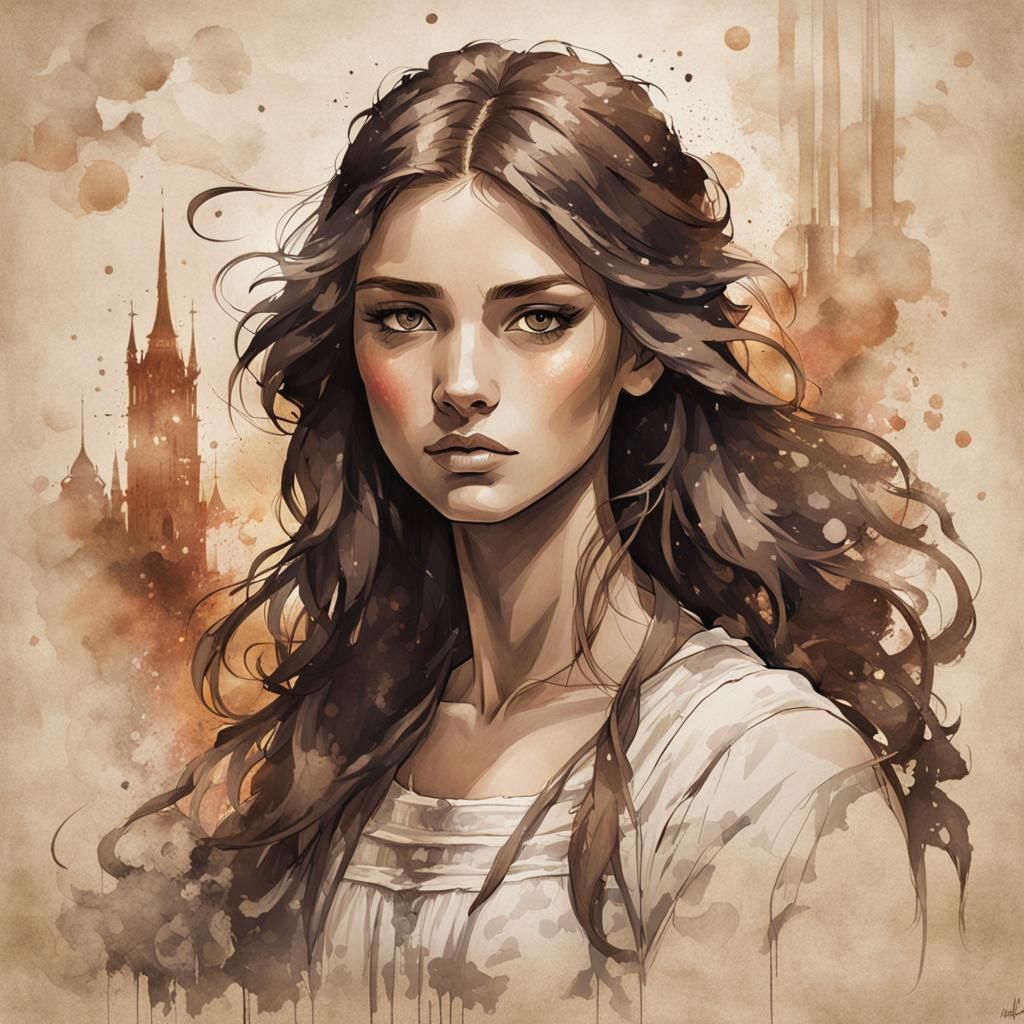 Teenage Girl Portrait on Aged Paper, Hyperdetailed Art