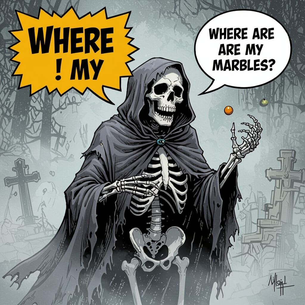 Skeleton Ghost Demands "Where Are My Marbles?" in Mist