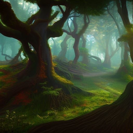 Mystical Forest: Detailed Matte Painting in Deep Color