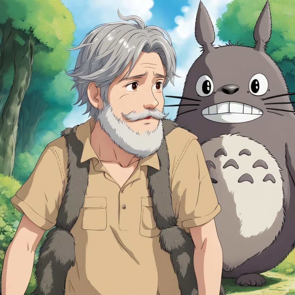Anime Grey-Haired Gentleman Meets Totoro in Whimsical Illust...