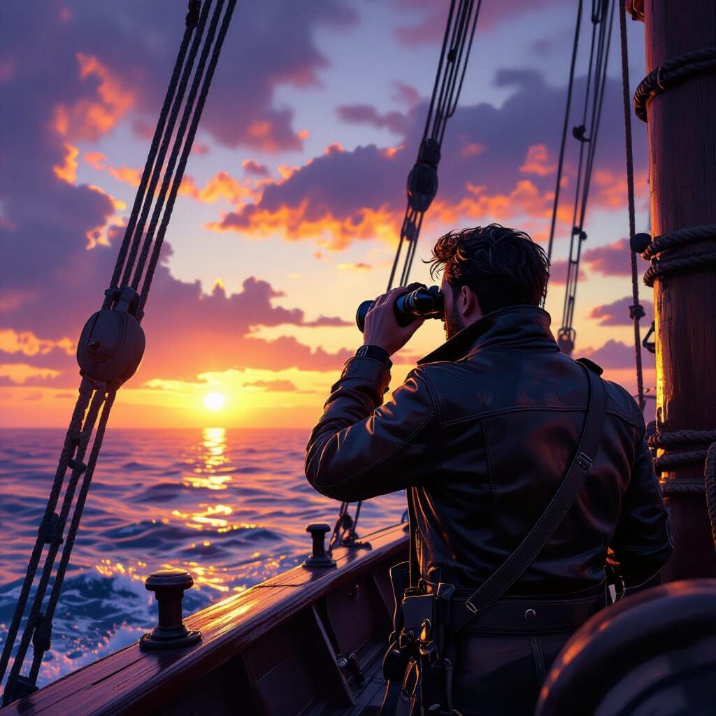 Naval Navigator at Sunset in Dark Fantasy Style