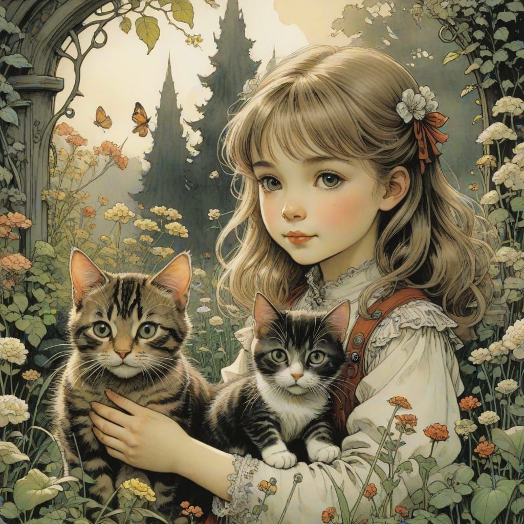 Whimsical Garden Scene with Young Girl and Feline Friend