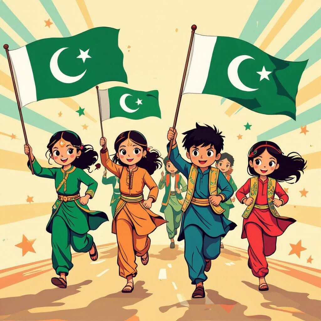 Pakistani Children Running with Flags in Cartoon Style