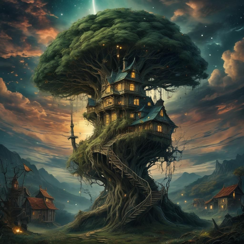 Haunted House Bloodmoon Watercolor Illustration