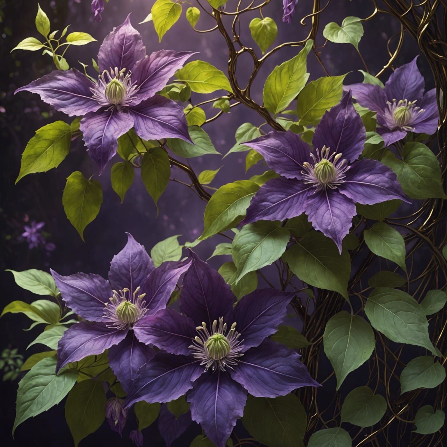 Purple Clematis with Golden Vines in Dark Fantasy Style