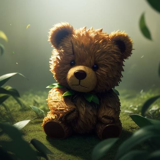 Tiny Teddy Bear on Leaf in Cinematic Style